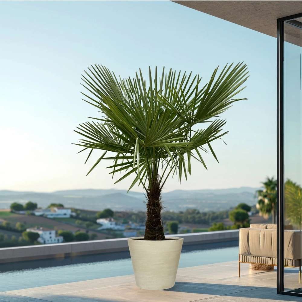 Palmier Morisca Trachycarpus Fortunei, rezistent la ger, frunzis exotic, crestere moderata, tulpina 80-100 cm, inaltime 160 cm