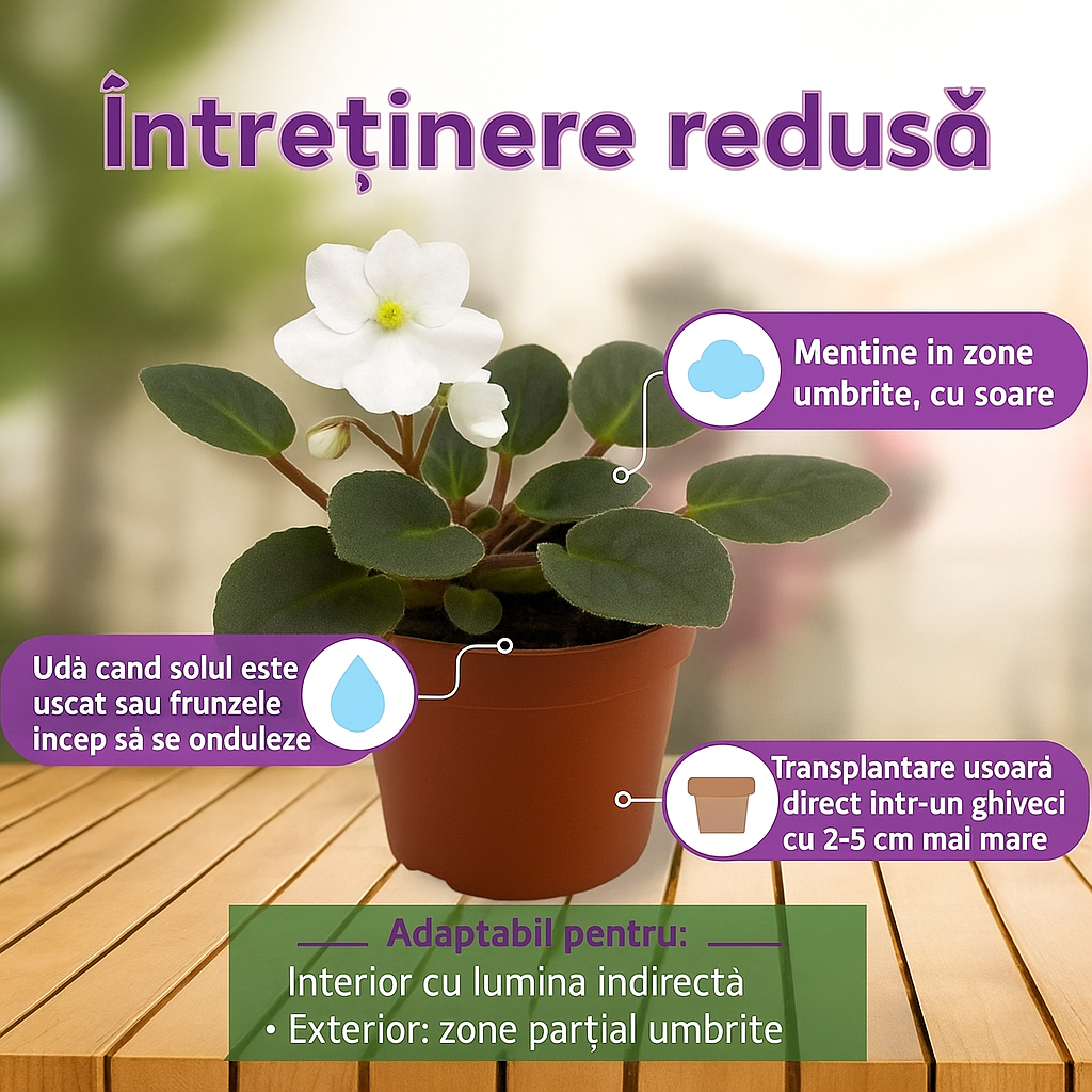 Violeta de Parma, Saintpaulia More Lips, cu flori albe, plante inflorita, de interior, intretinere minima