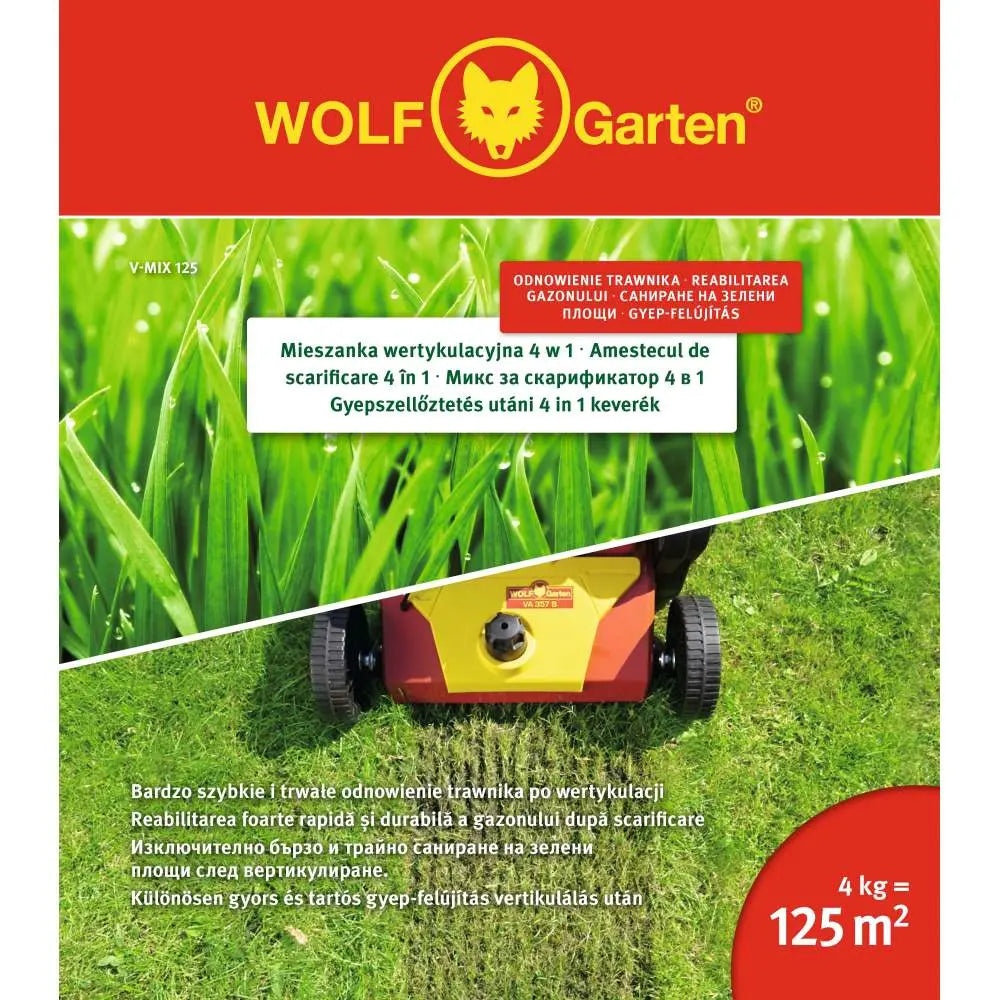 Seminte gazon regenerare rapida Wolf Garten V-MIX 125, amestec scarificare 4-in-1, germinare turbo, ingrasamant inclus, 4 kg, 125 m²