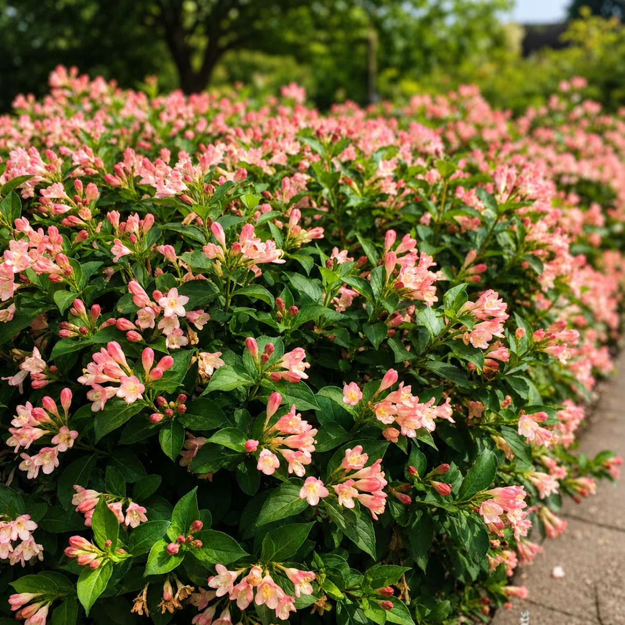 Weigela All Summer Peach, arbust decorativ cu flori roz-piersica, inflorire continua, rezistenta la frig