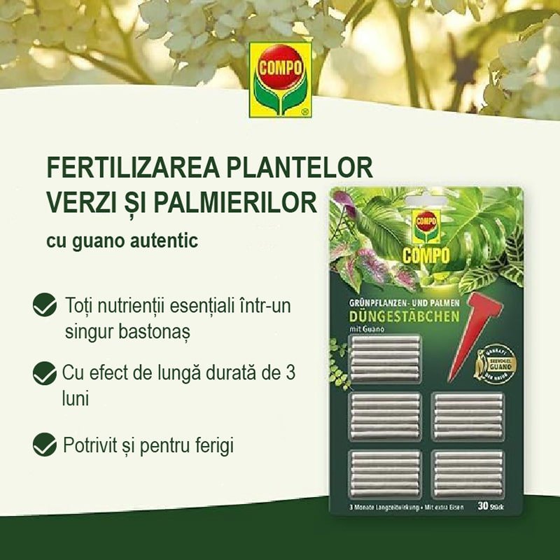 Black Friday - Reduceri Batoane de Ingrasamant pentru Plante Infloritoare cu Guano, 30 de bucati, Efect de Lunga Durata 3 Luni, COMPO Promotie