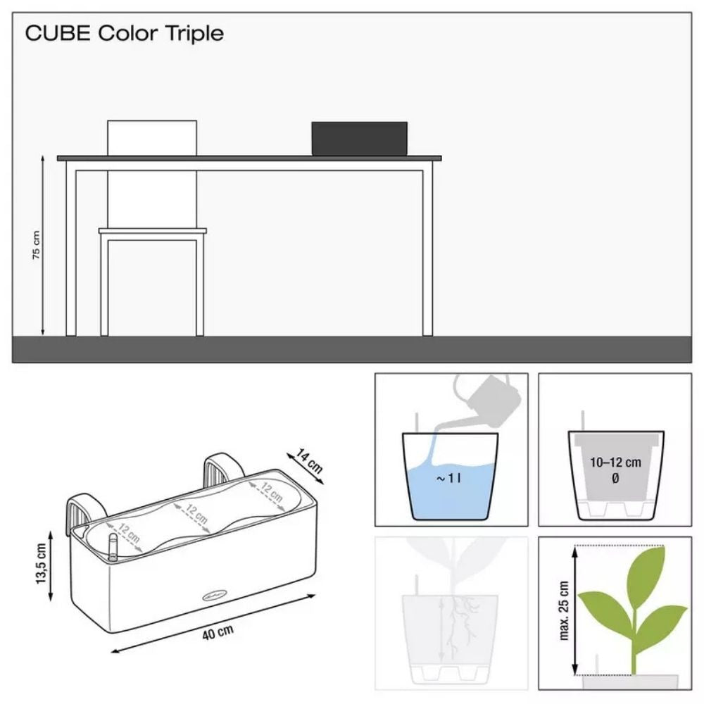 Ghiveci Auto-Irigant Lechuza Cube Color Triple, negru tip ratan, pentru plante cu ghiveci, sistem de autoirigare, include bracket asortat