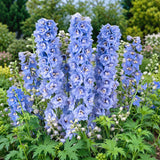 Nemtisor (Delphinium) Sky Blue White Bee, planta perena de gradina, cu flori bleu si centru alb