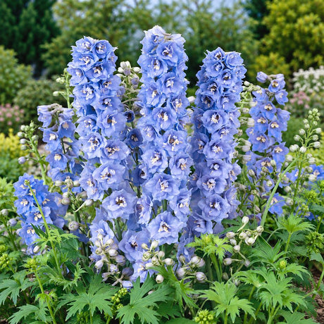 Nemtisor (Delphinium) Sky Blue White Bee, planta perena de gradina, cu flori bleu si centru alb