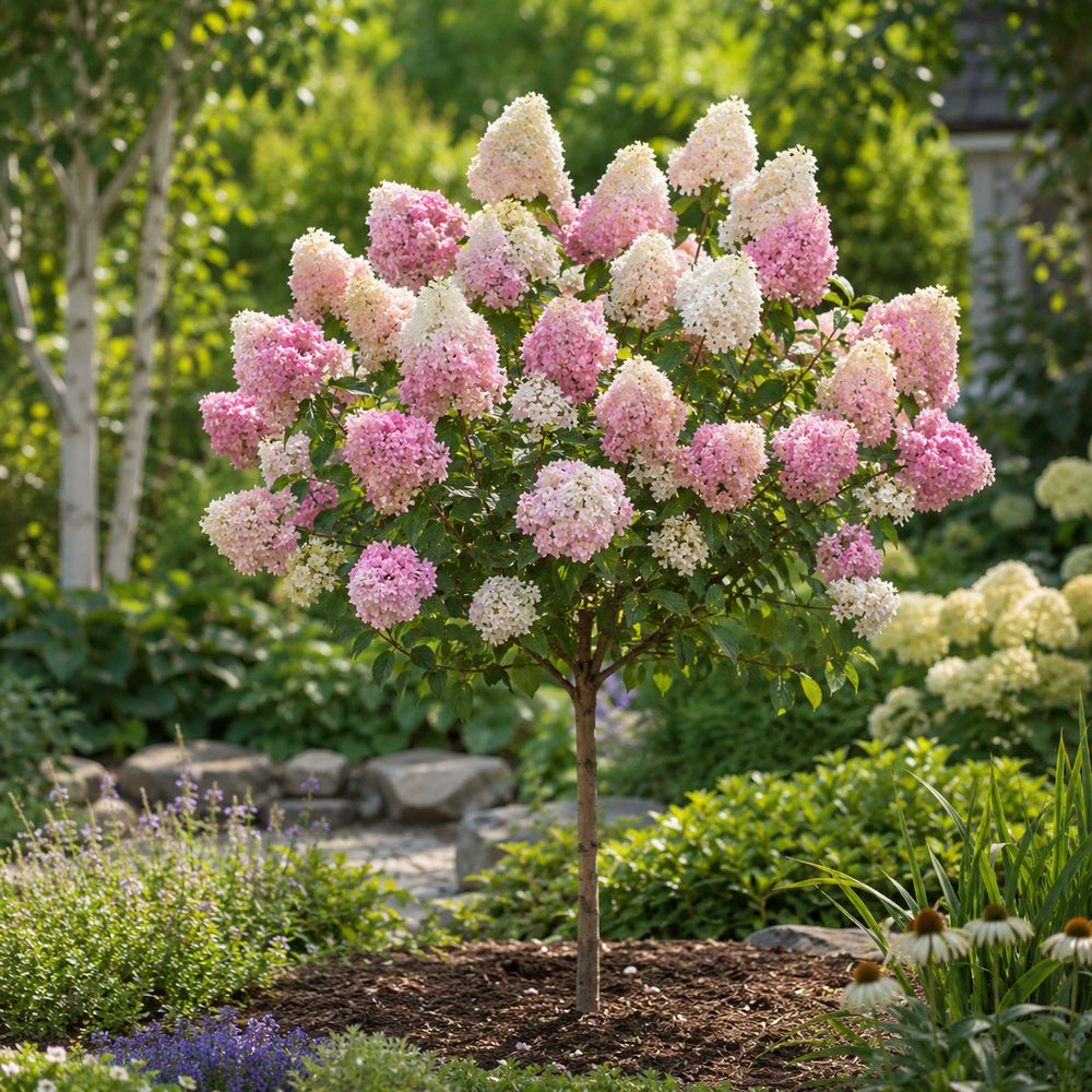 Hortensie paniculata Magical Andes Copacel, cu flori mari conice alb-roz si schimbare spectaculoasa de culoare