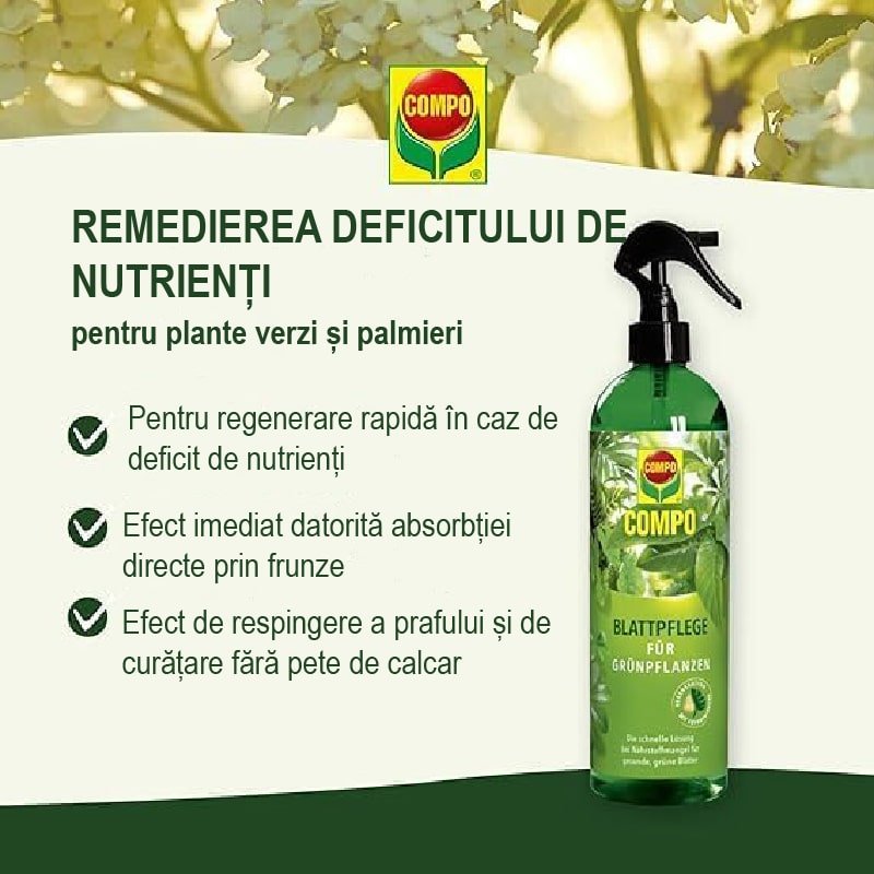 Black Friday - Reduceri Ingrasamant Lichid pentru Ingrijirea Frunzelor Plantelor Verzi si Palmieri, 500 ml, Sticla cu Pulverizator, COMPO Promotie