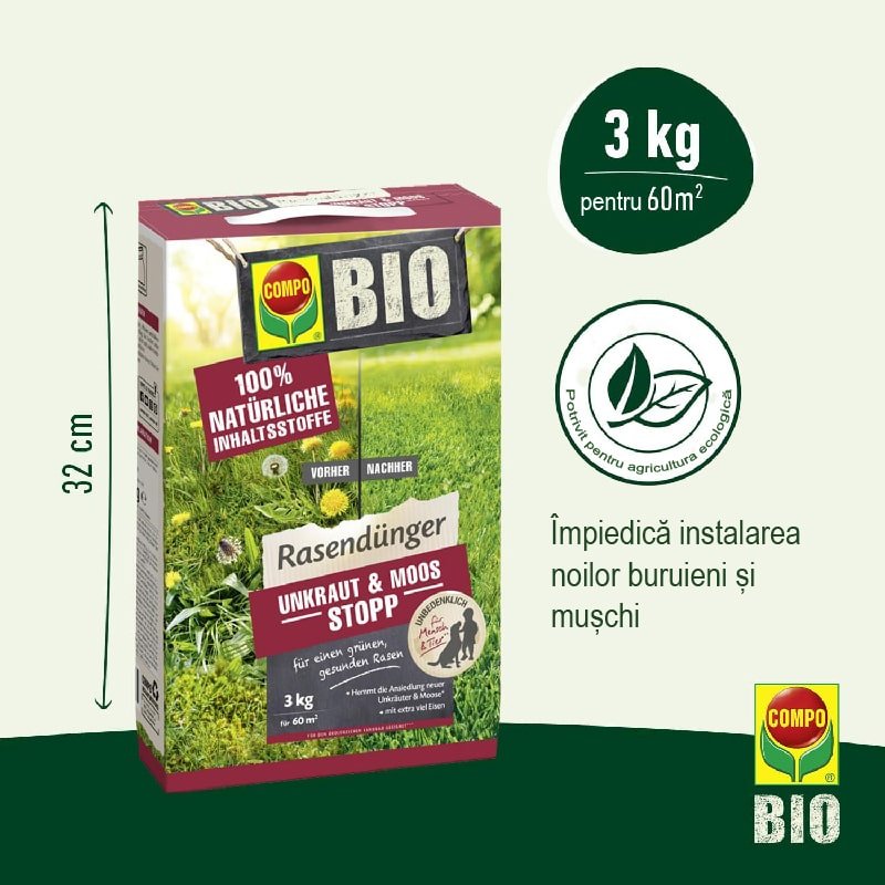 Ingrasamant Organic Granule Fine pentru Gazon, 3 kg - 75 m², cu Efect Natural Instant si de Lunga Durata, COMPO - VERDENA - 3 kg