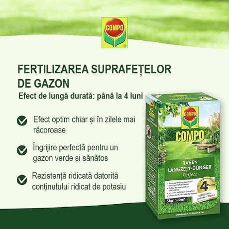 Ingrasamant Organic pentru Gazon, 6 kg pentru 240 m², Efect de Lunga Durata, COMPO
