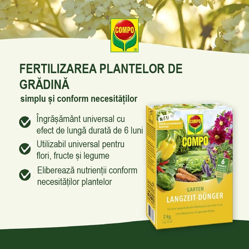 Black Friday - Reduceri Ingrasamant pentru Gradina, pentru Flori, Fructe si Legume, 2 kg, Efect de Lunga Durata 6 luni, COMPO Promotie