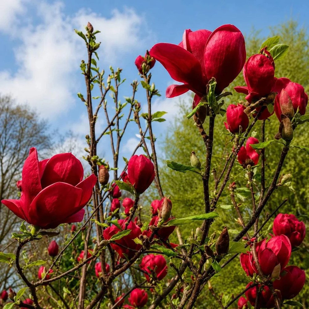 Magnolia Red As Red, arbust cu flori rosu-rubiniu spectaculoase, soi foarte rar