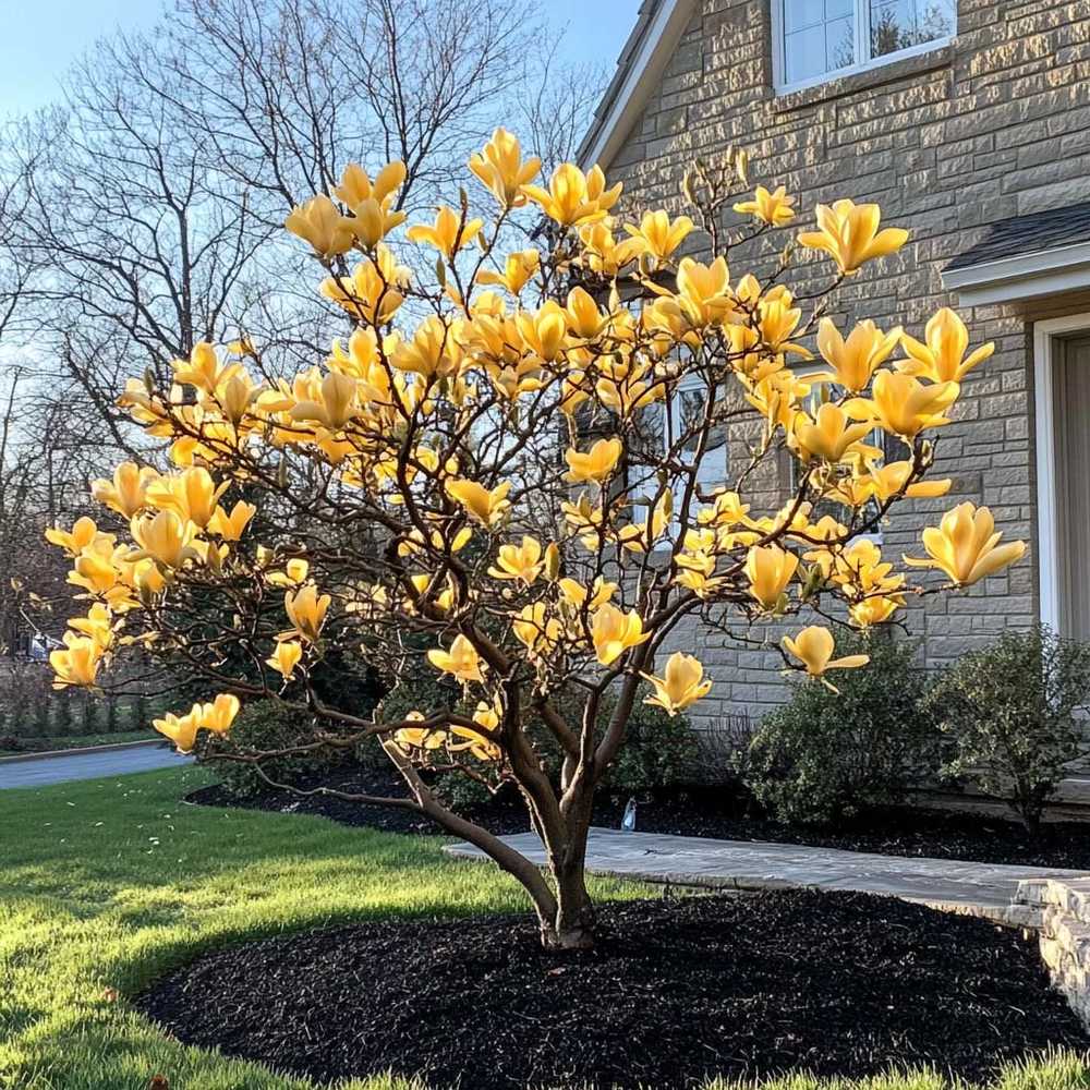 Magnolie galbena Gold Star, arbust cu flori galben pal stelate, inflorire timpurie