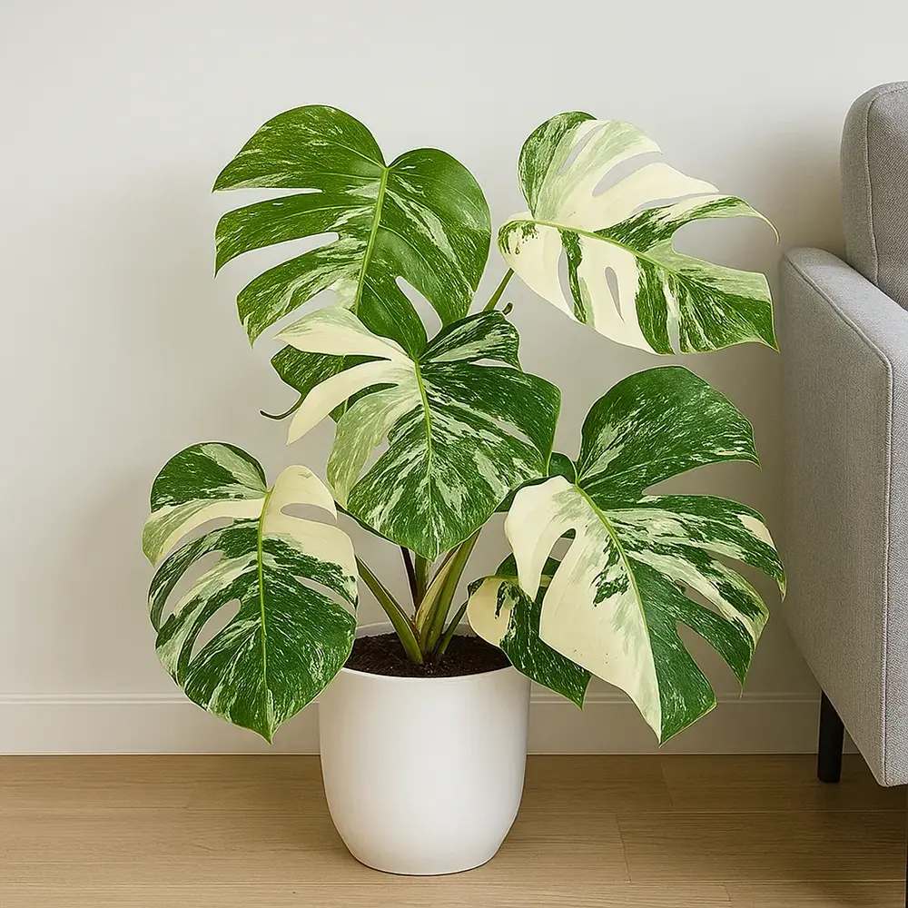 Monstera Deliciosa Thai Constellation, 60 cm, planta de interior rara, variegatie alba marmurata, frunze mari decupate, planta tropicala purificatoare de aer
