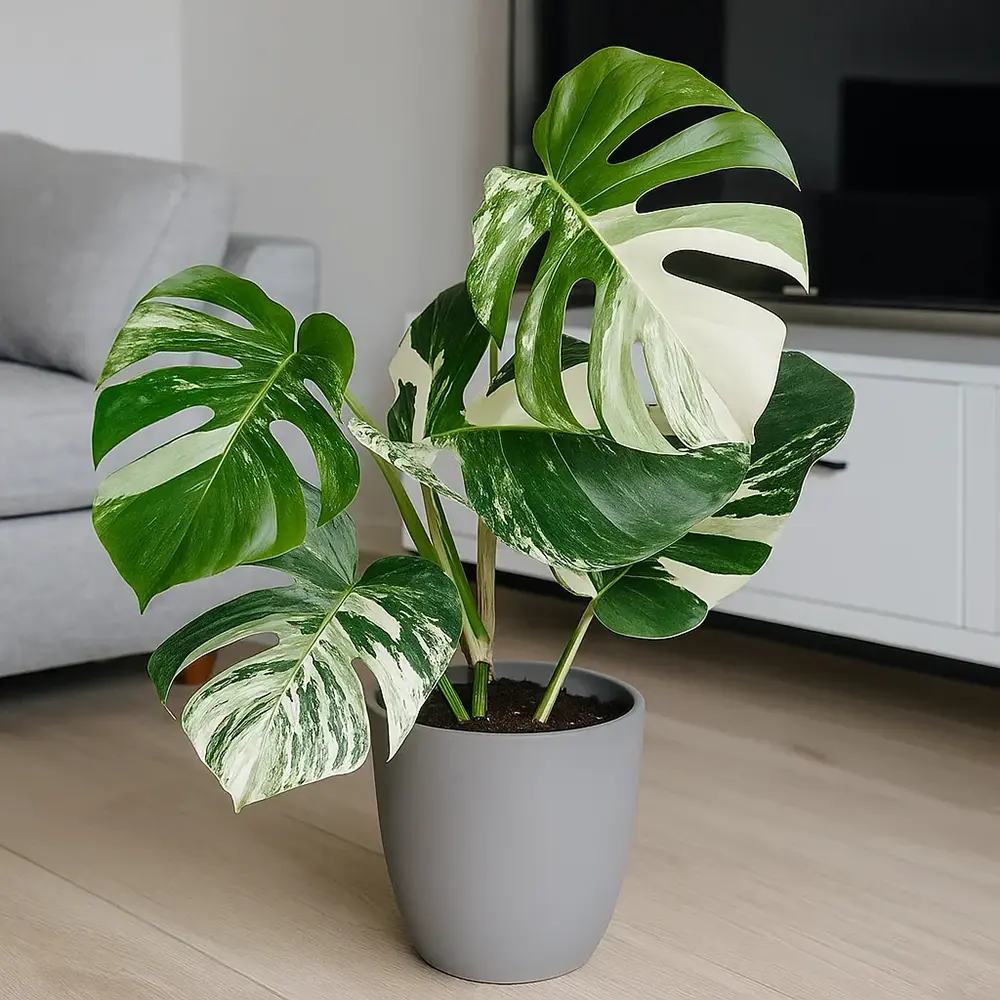 Monstera Deliciosa Thai Constellation, planta de interior rara, variegatie alba marmurata, frunze mari decupate, planta tropicala purificatoare de aer - 35 cm